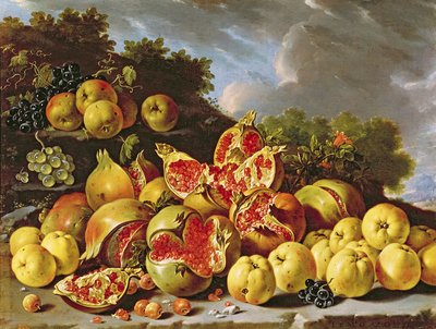 Still Life with pomegranates, apples, cherries and grapes by Luis Egidio Melendez